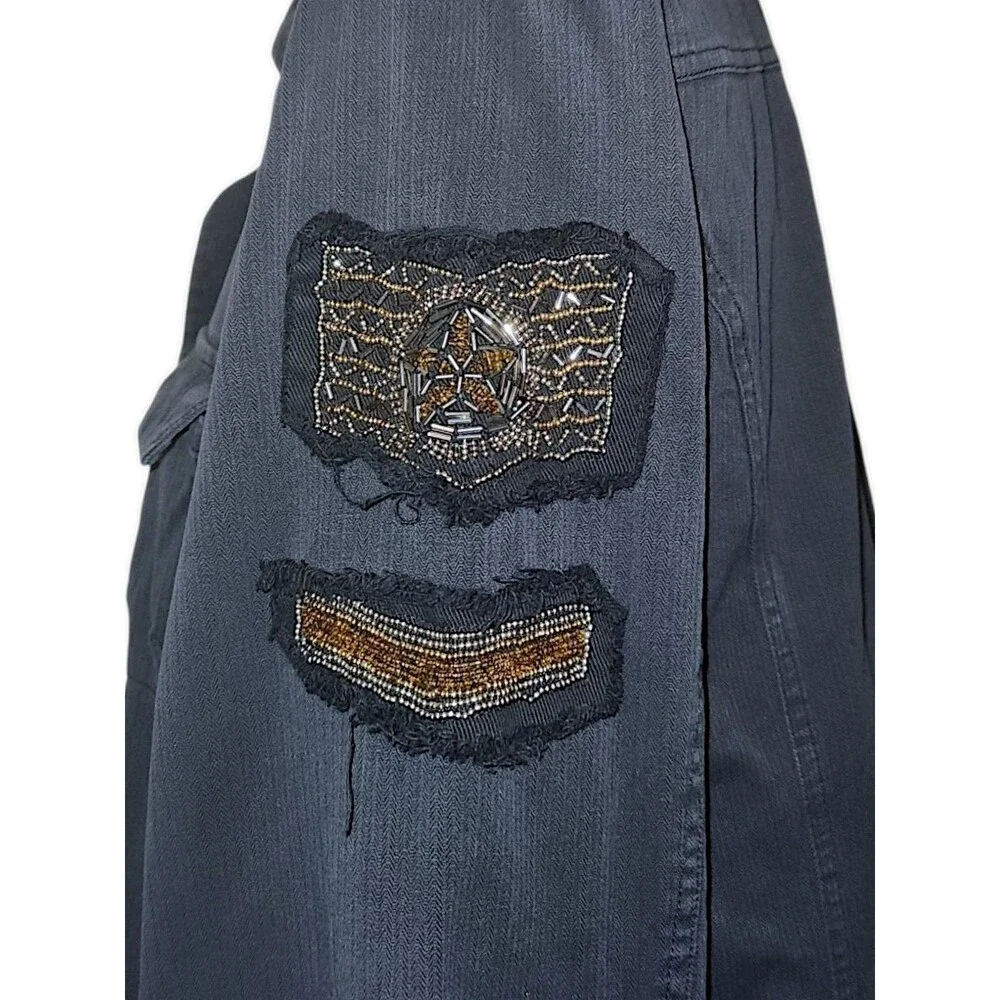 Torrid Jean Jacket Womens Size 2 Black Denim Long Moto Beaded Fray Biker Punk